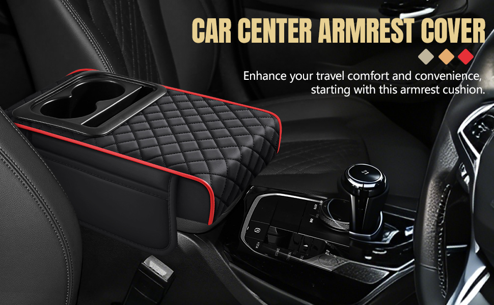 Assafco car Armrest Box Cover with Cup Holder & Phone Holder, Waterproof Leather Arm Rest Protector Cushion