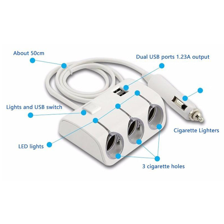 3 way car cigarette lighter spliter with 2 usb port