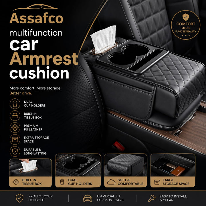 Assafco car Armrest Box Cover with Cup Holder & Phone Holder, Waterproof Leather Arm Rest Protector Cushion