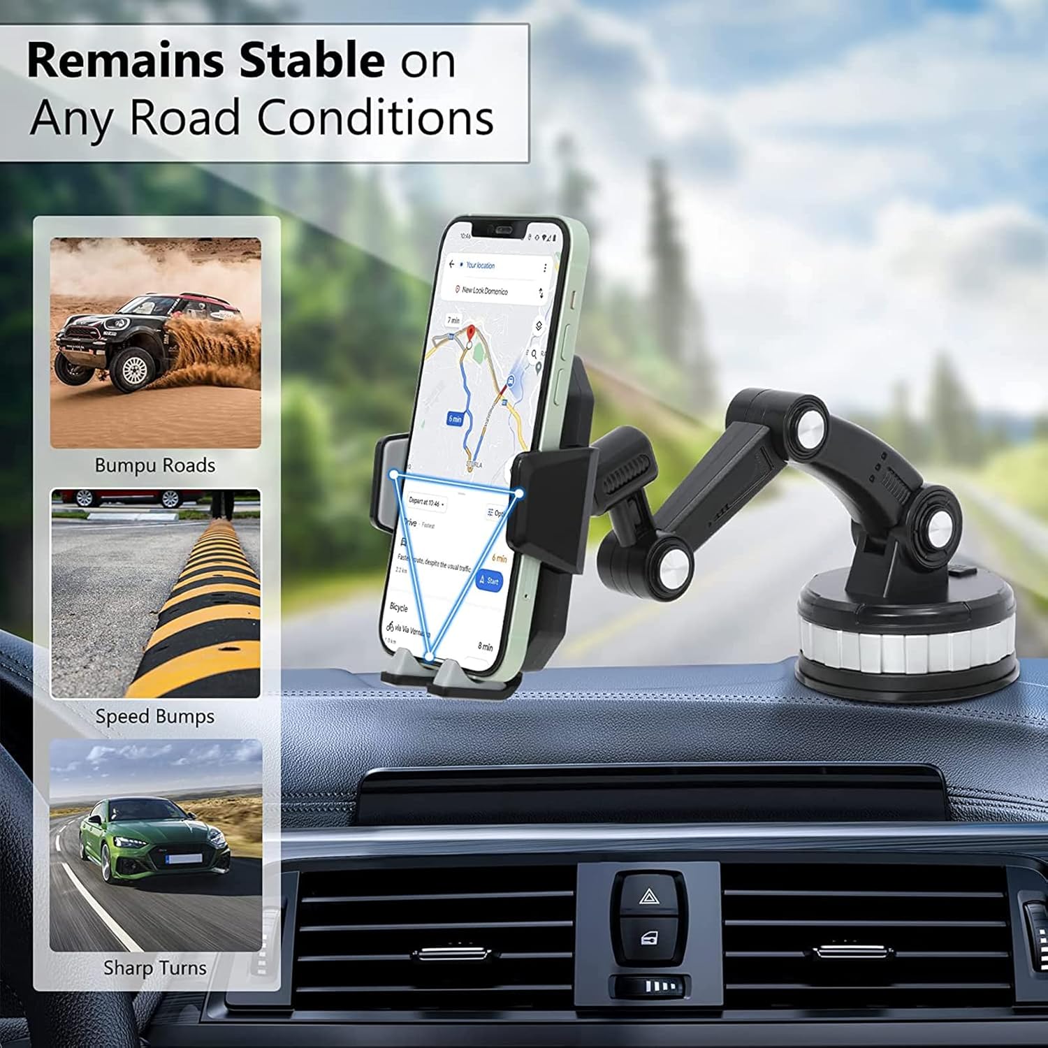 One-Button Pop-up Strong Suction Car Phone Holder for Dashboard Windshield Air Vent, 360°Adjustable Long Arm for All Phones