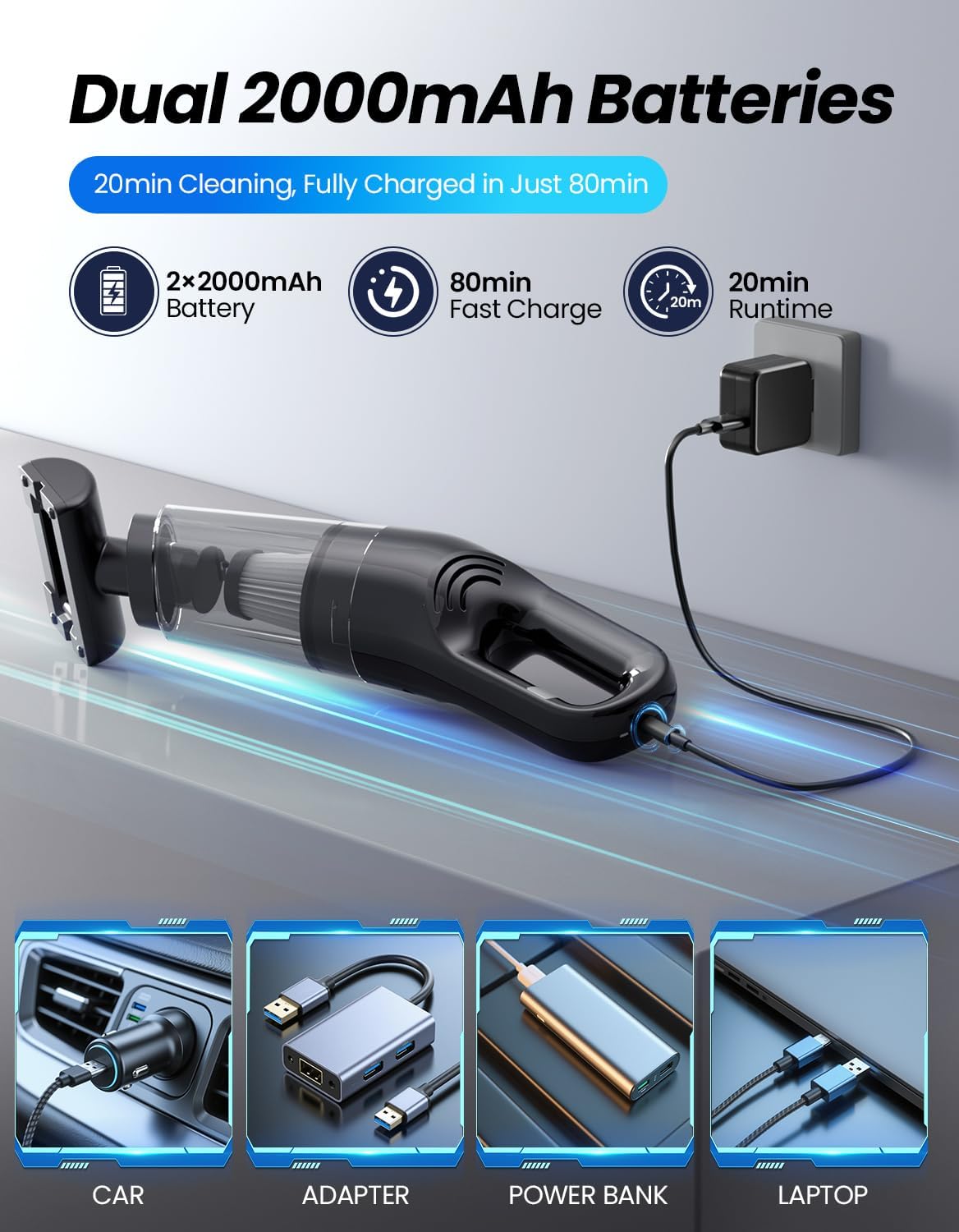 Handheld Vacuum Cordless, 26,000 Pa High Power Suction, Portable Rechargeable Car Vacuum Cleaner for Home, Pet Hair, Keyboard & Furniture, Black