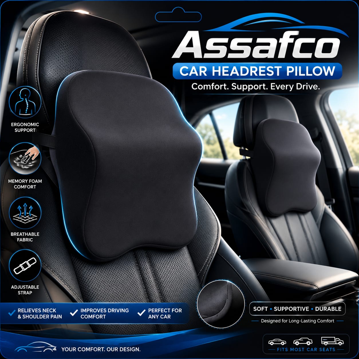 Assafco Car Headrest Pillow - Shoulder & Neck Pillow for Car Headrest w/Adjustable Strap & Clip to Secure - Memory Foam Car Neck Pillow for Driving Seat - Ergonomic Head Rest Pillow for Car Seat Neck Support