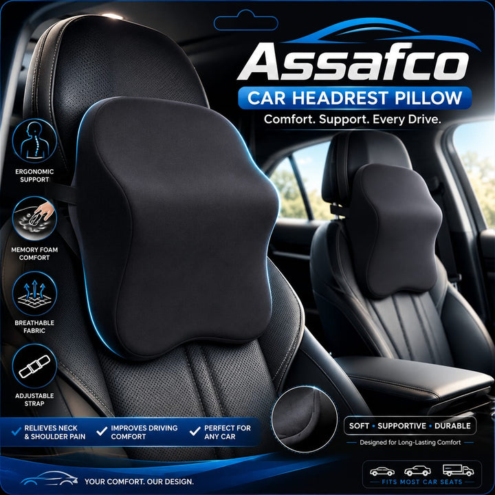 Assafco Car Headrest Pillow - Shoulder & Neck Pillow for Car Headrest w/Adjustable Strap & Clip to Secure - Memory Foam Car Neck Pillow for Driving Seat - Ergonomic Head Rest Pillow for Car Seat Neck Support