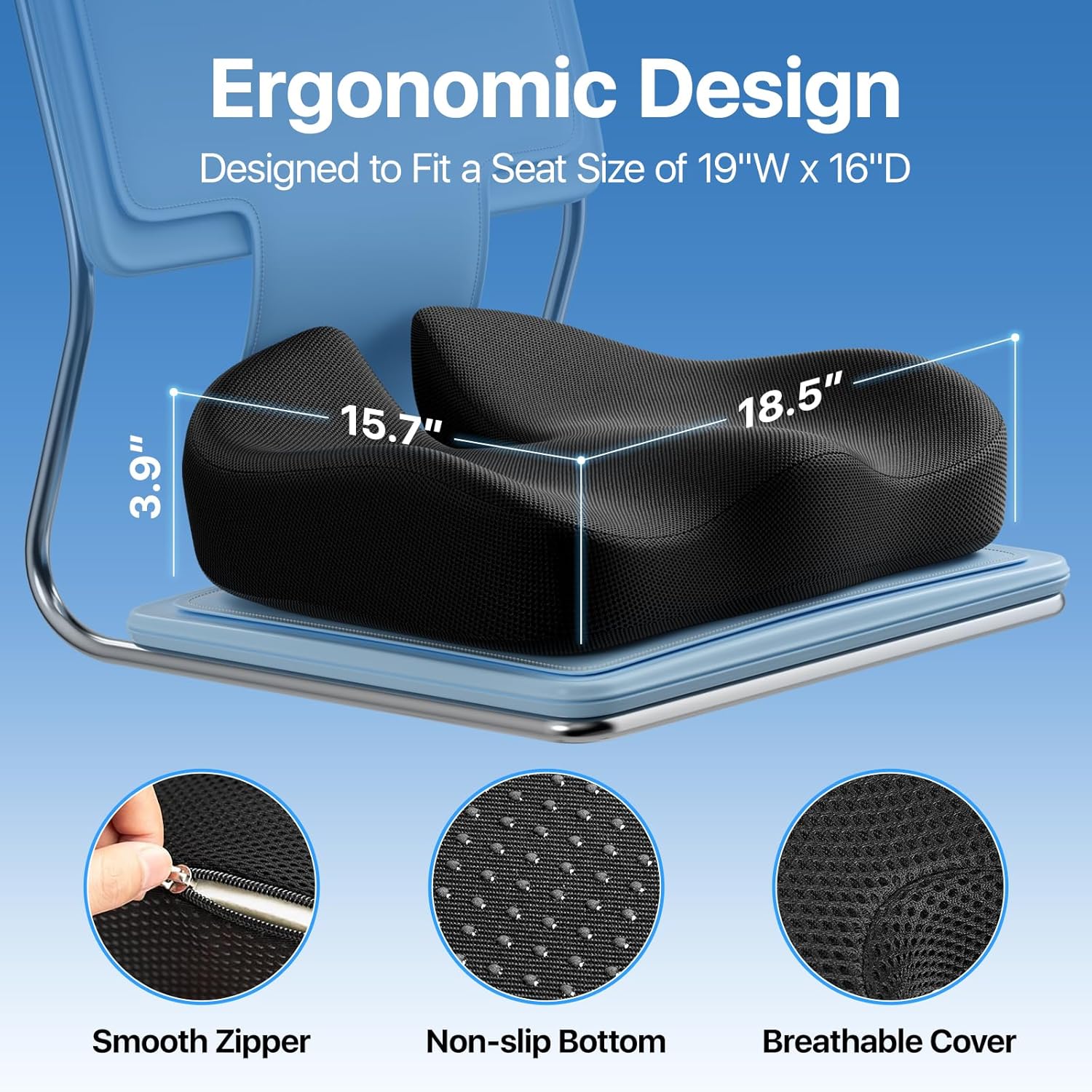 Assafco &nbsp;Extra Large Memory Foam Cushion for Pressure Relief Sciatica &amp; Pain Relief for Long Sitting for Office Chair, Car Seat, Airplan