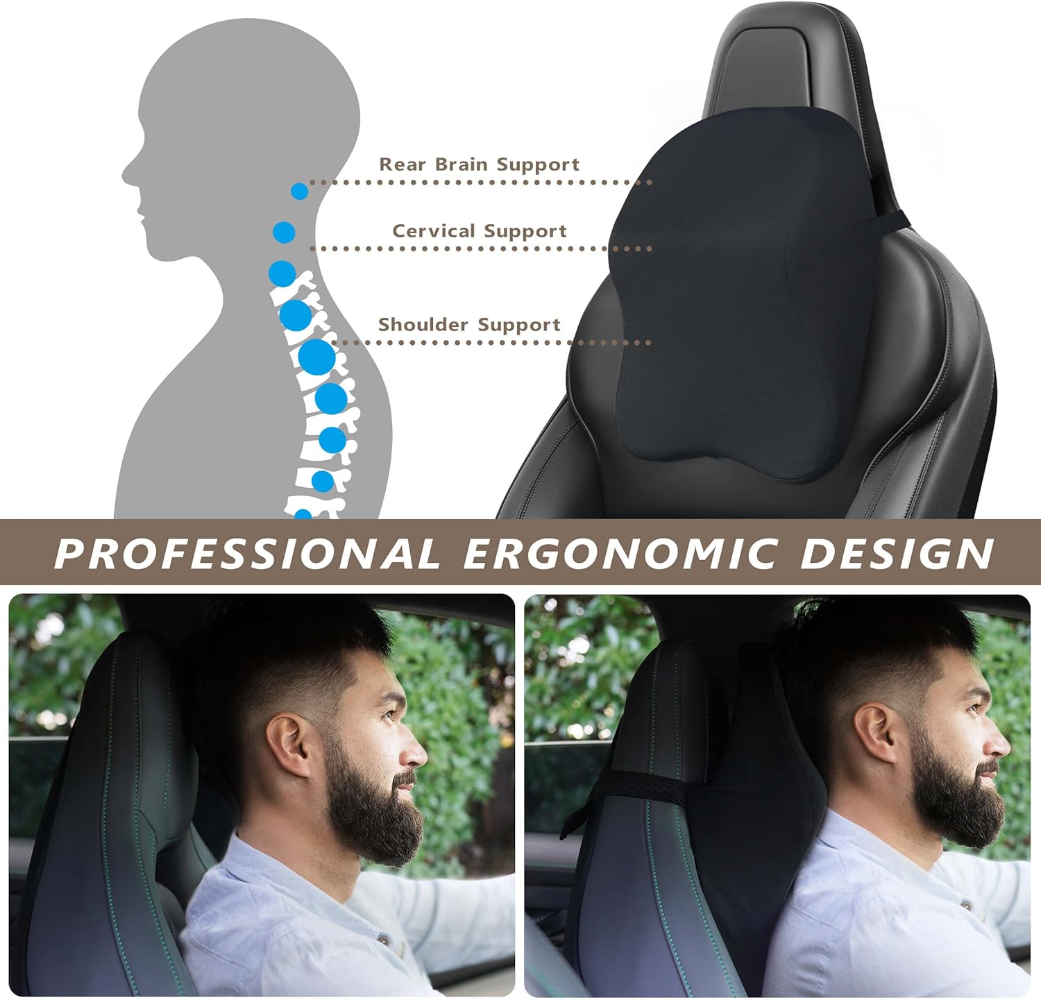 Assafco Car Headrest Pillow - Shoulder & Neck Pillow for Car Headrest w/Adjustable Strap & Clip to Secure - Memory Foam Car Neck Pillow for Driving Seat - Ergonomic Head Rest Pillow for Car Seat Neck Support