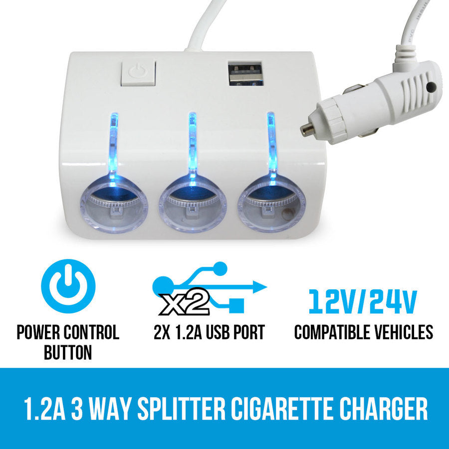 3 way car cigarette lighter spliter with 2 usb port