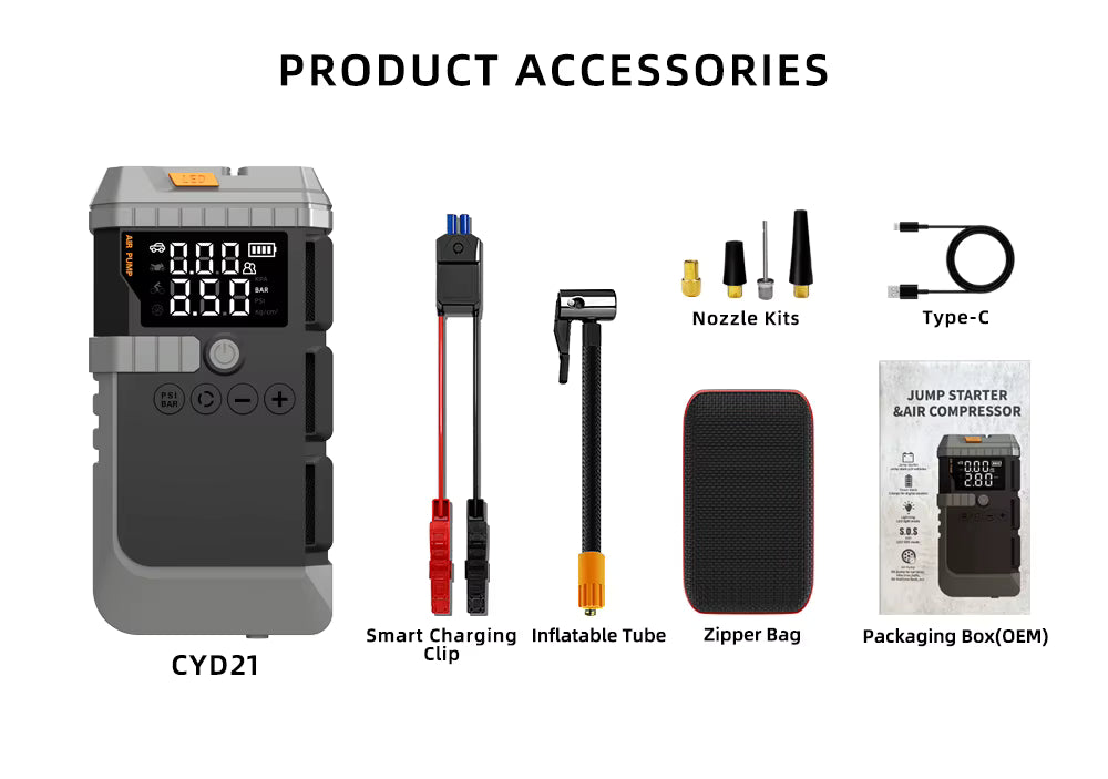 جهاز تشغيل محرك السيارة 4 في 1، 1000 أمبير، 12 فولت، شحن سريع، ضوء LED، مقاوم للشرر، شاشة رقمية، منفاخ إطارات طوارئ 150 رطل لكل بوصة مربعة