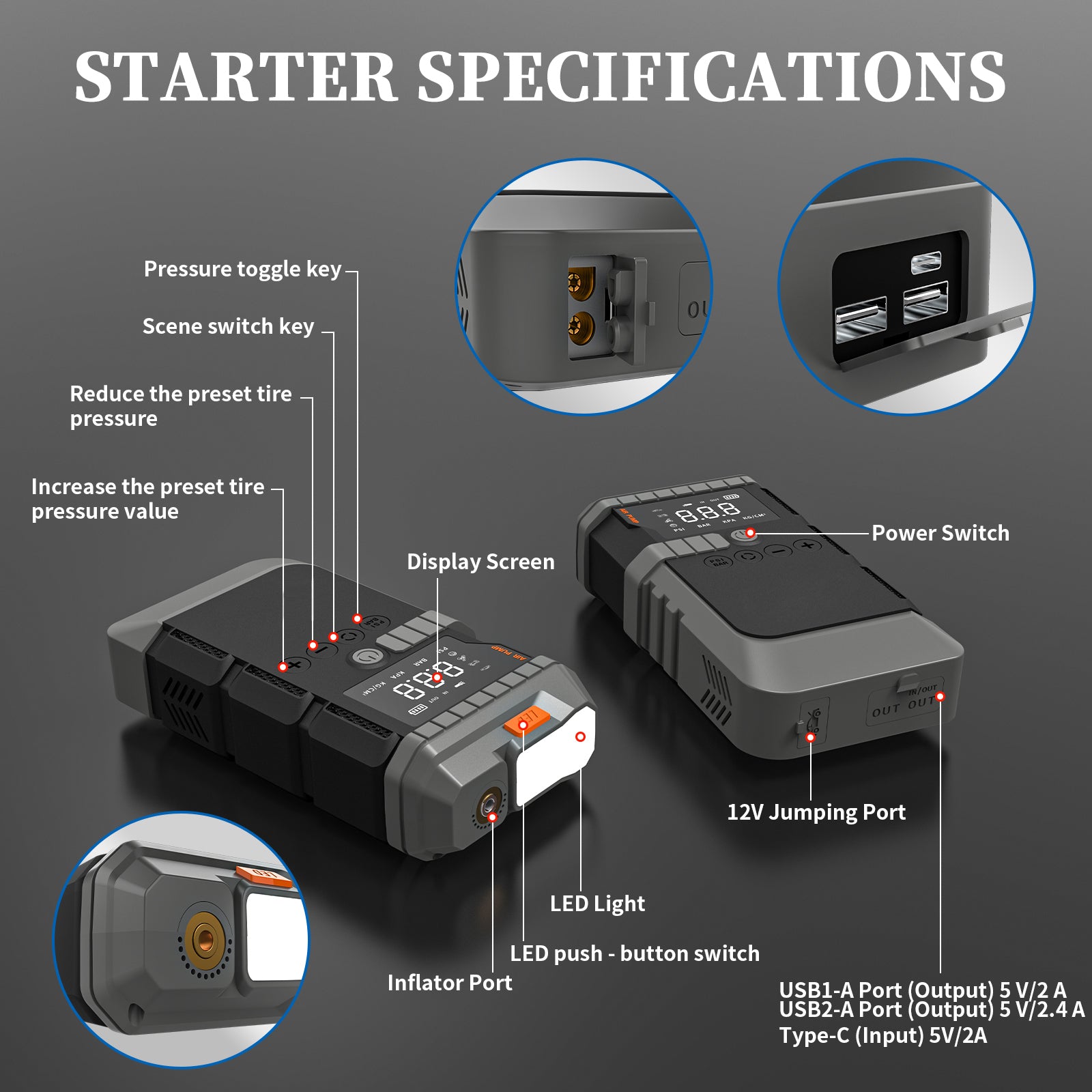 جهاز تشغيل محرك السيارة 4 في 1، 1000 أمبير، 12 فولت، شحن سريع، ضوء LED، مقاوم للشرر، شاشة رقمية، منفاخ إطارات طوارئ 150 رطل لكل بوصة مربعة