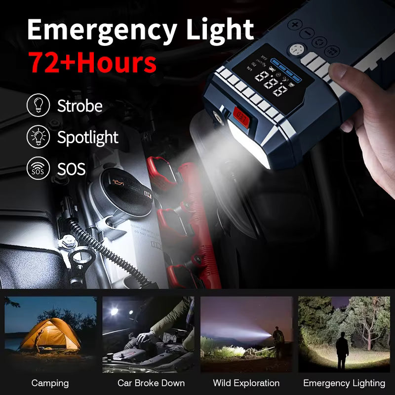 جهاز تشغيل محرك السيارة 4 في 1، 1000 أمبير، 12 فولت، شحن سريع، ضوء LED، مقاوم للشرر، شاشة رقمية، منفاخ إطارات طوارئ 150 رطل لكل بوصة مربعة