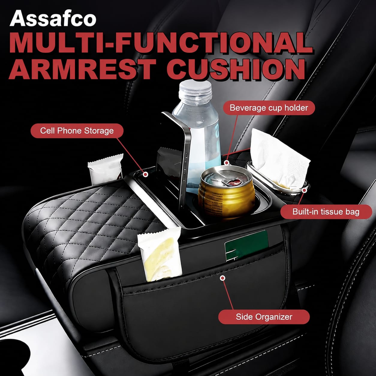 Assafco car Armrest Box Cover with Cup Holder & Phone Holder, Waterproof Leather Arm Rest Protector Cushion