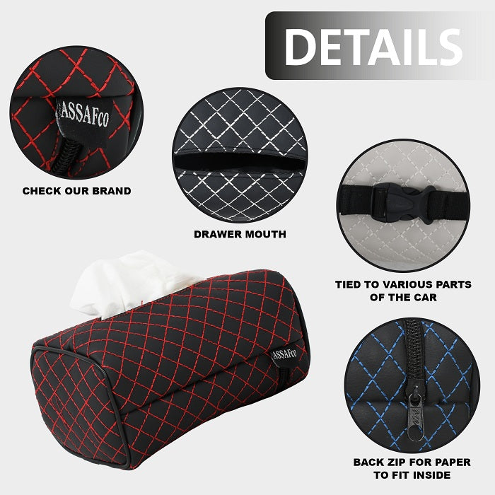 حامل مناديل جلدي للسيارة من أسافكو بتطريز مربع 